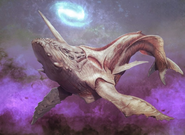 A milky nebula and purple space cloud brimming with stars form the backdrop for a magnificent four-finned space whale with a massive white horn protruding from its head. 