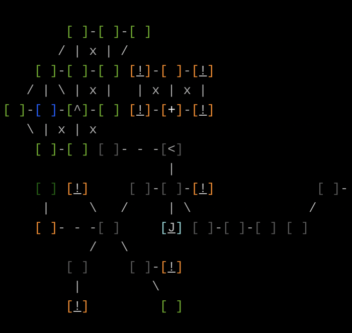 Text based map of the Starmourn Tutorial zone. Rooms are designated with a pair of brackets, and connecting exits with lines linking the rooms. 