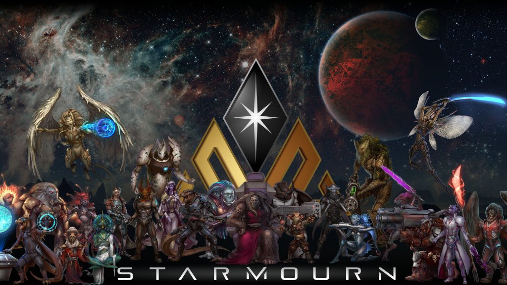 The Starmourn Logo and name surrounded by an illustrator's depiction of the player races before a galactic backdrop