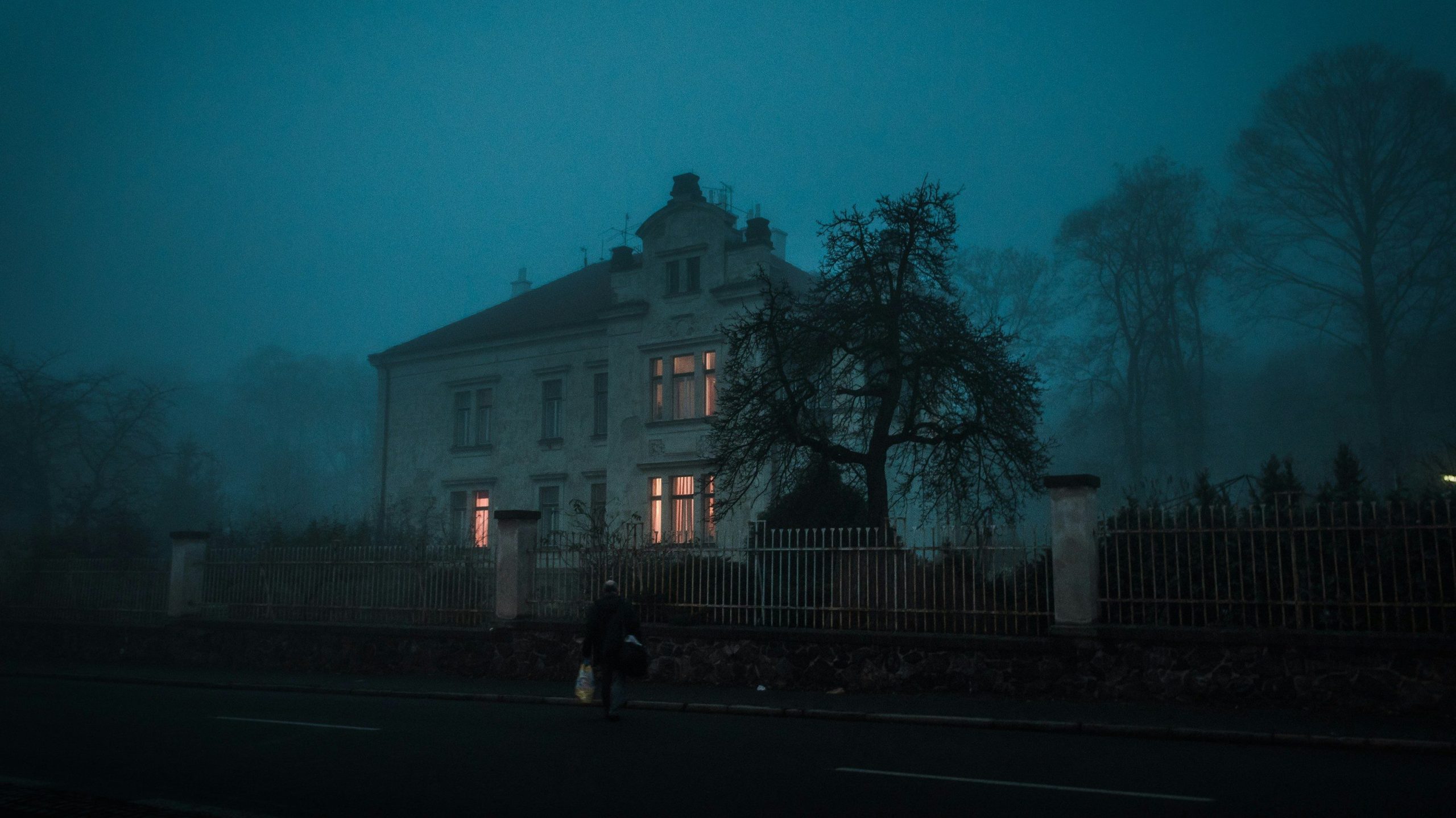 Set against a shadowy night sky in a rich blue hue, a dark mansion stands ominously in the center of the image, two windows glowing from within and a looming willow in the foreground. 