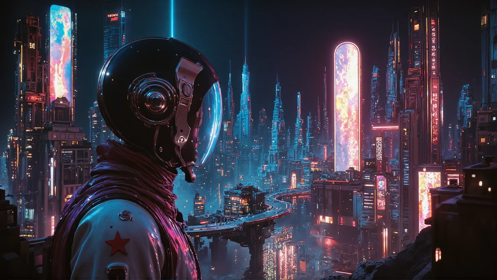 An intergalactic traveler looks out over a glowing LED landscape of towering structures and winding roadways. Is this the Floating Market?