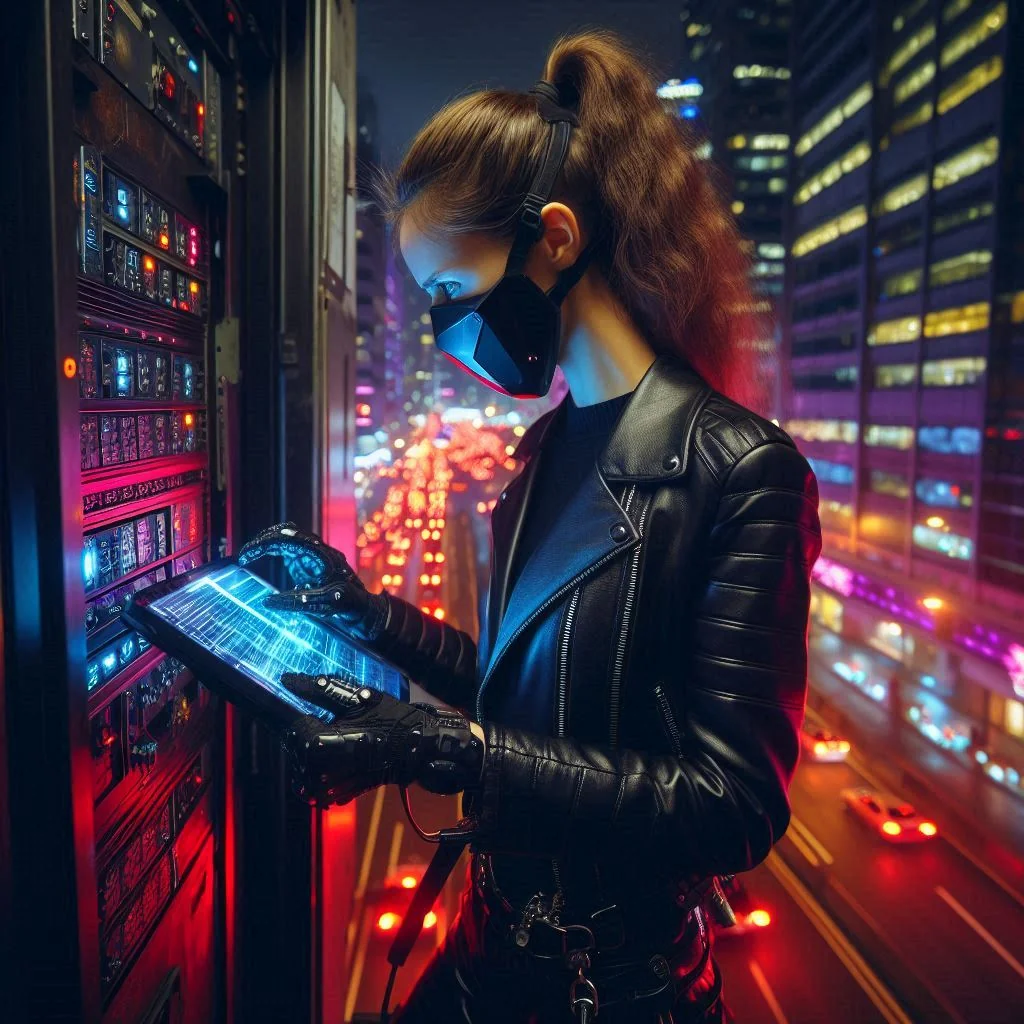 Human with a black half-face mask in a leather jacket stands before a brightly lit server console in an urban environment. They're holding an illuminated datapad and appear to be hacking the system.