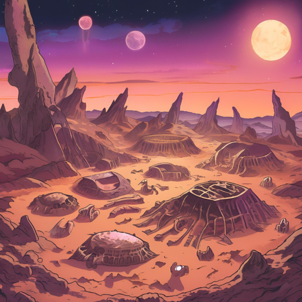 in purple and orange hues, a starmourn digsite begins to take shape in the desert somewhere. excavated portions of an ancient civilizations have been revealed between mighty, stonelike mountains