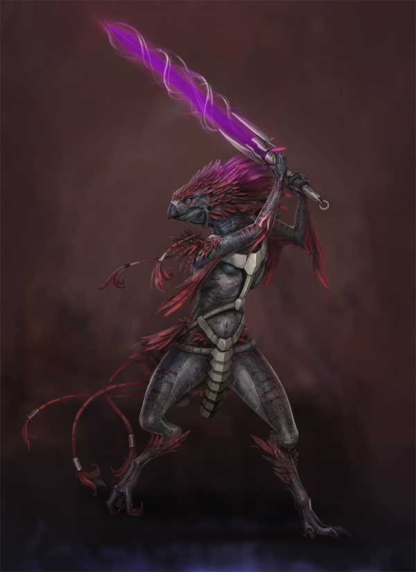 A female Nusriza wielding a kithblade.